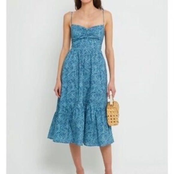 O.P.T Blue Floral Cotton Midi Dress Lined Tiered Sundress Large Cottagecore L - Picture 1 of 12